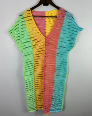 Rainbow Crochet Cover Up Medium Colorblock‎ Festival Dopamine Dressing Beach Y2K thumbnail 1