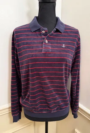 Vintage 80s Hartog Marine Club Velour Long Sleeve Polo Shirt Navy & Red Striped thumbnail 1