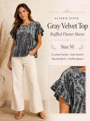 Altar'd State Gray Velvet Ruffled Flutter‎ Sleeve Top Size M thumbnail 2