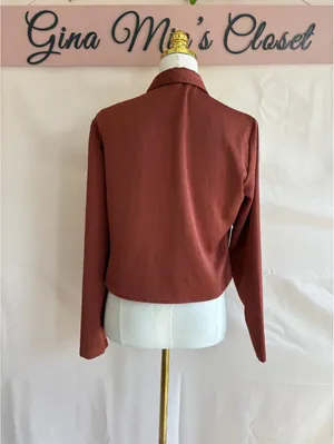 Express Portofino Rust Brown Long Sleeve Tie Front Shirt Size S thumbnail 2