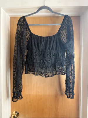 NWT! Japna Black Lace Smocked Peasant Long-Sleeve Crop Top. Size: Large thumbnail 5