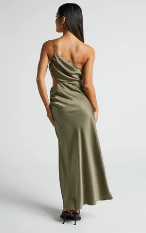 New Showpo Jaylani Midi Dress One Shoulder Thigh Split Satin Dress Size Small thumbnail 6