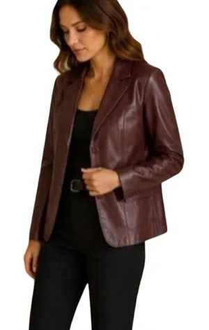 Metrostyle Leather Jacket Womens Size 12 Burgundy Lined Button Front Classic Red thumbnail 1