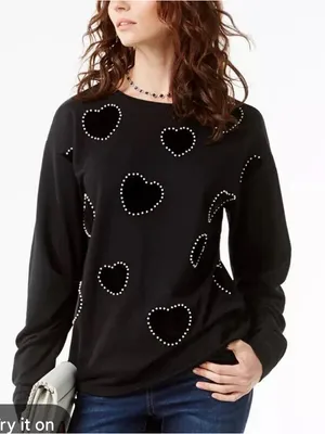 INC black sweatshirt top velvet beaded hearts sz M coquette whimsigoth thumbnail 1
