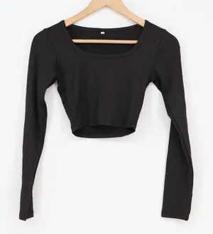 Black Ribbed Long Sleeve Crop Top Square Neck Slim Fit XS thumbnail 1