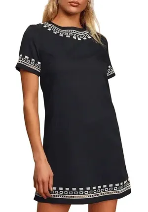 Lulus Black Short Sleeve Embroidered Crew Neckline‎ Mini Shift Dress Size S thumbnail 1