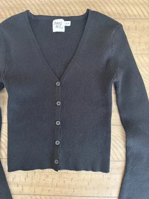 Princess Polly Black Ribbed Cropped Cardigan S/M – Bell Sleeve Button Front thumbnail 2