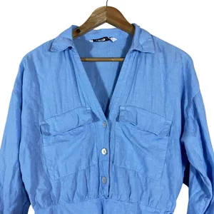 Zara Linen Blend Faux Wrap Long Sleeve Romper Blue Coastal Lughtweight Size M thumbnail 2