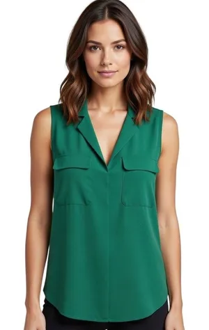 Jones New York Signature Blouse Womens L Green V-Neck Sleeveless Pocket thumbnail 1