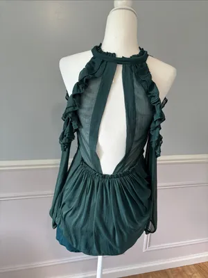Free People Whimsy Fairycore Teal Green Ruffle Cold Shoulder Mini Dress | Sz 2 thumbnail 9