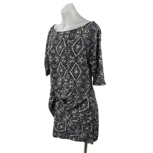 Zara Black Aztec Geometric Printed Short Sleeve Mini Twist Shift Sheath Dress S thumbnail 2