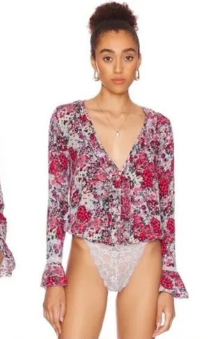 Free People Heat Wave Bodysuit Rose Garden Floral Long bell sleeve Sz S thumbnail 1