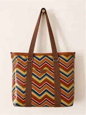 Fossil Key-Per Chevron‎ Tote Bag Multicolor Coated Canvas Large Tote thumbnail 1