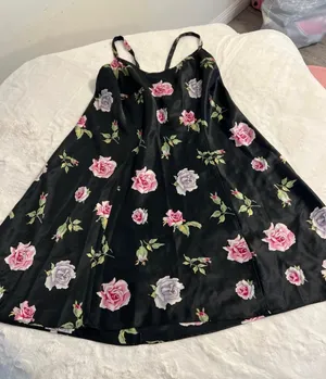 Floral Satin Slip Chemise in Black with Pink & Lavender Roses thumbnail 1