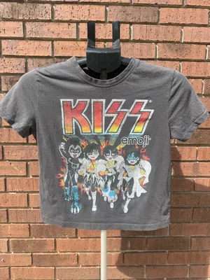 KISS x Emoji Graphic Rock Cropped T-Shirt Size Small Gene Simmons Paul Ace Gray thumbnail 5