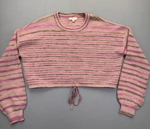 Elan Womens Striped Cropped Sweater Pink Purple SWS10899‎ Drawstring Hem Size M thumbnail 1