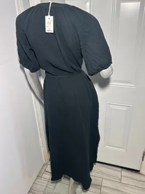 Marine Layer Erin Shirt Dress M Black Cotton Gauze Button Front Midi Puff Sleeve thumbnail 6