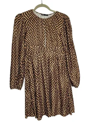 Zara Brown & Tan Zigzag Stripe Geometric Long Sleeve Crinkle Mini Dress‎ Medium thumbnail 1
