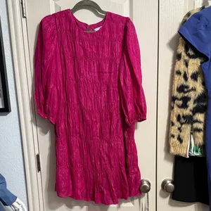 Trina Turk‎ Metallic Pink Shirred Puff Sleeve Mini Tiered Dress Preppy Dopamine thumbnail 2