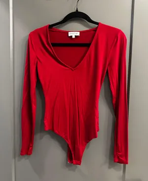 Privacy Please Red Plunge Neck Bodysuit thumbnail 1