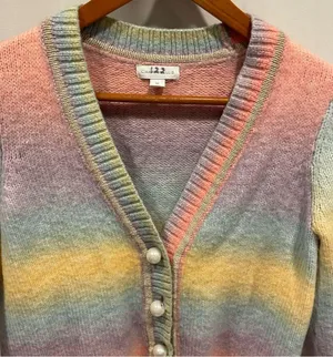 Rainbow stripe soft fuzzy wool blend chunky pearl button cardigan crop sweater thumbnail 10