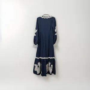 Farm Rio Anthropologie Blue Linen Embroidered Dress Size Medium thumbnail 6