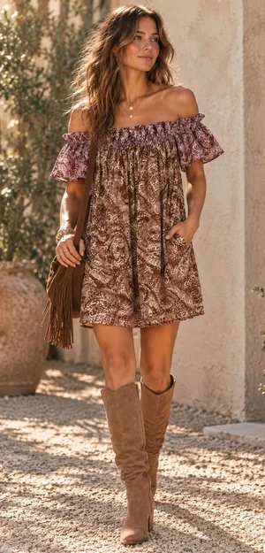 Free People Sophie Paisley Off Shoulder Mini Dress Brown Purple Boho XS thumbnail 1