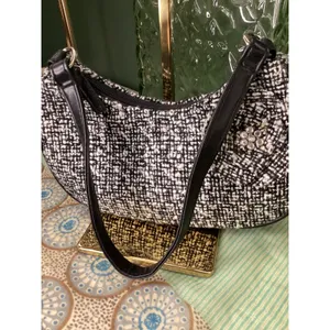 Black White Tweed Flower Rhinestone Shoulder Bag Hobo Purse with Scarf Accessory thumbnail 5