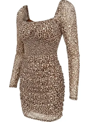 Le Lis Floral Mesh Shirring Dress Womens M Brown Ruched Coquette Fairycore Boho thumbnail 1