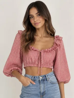 Zara Pink and White Striped Ruffle Crop Blouse thumbnail 1
