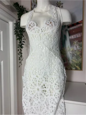 PrettyLittleThing White Flower Crochet Plunge Beach Cover Up Maxi Dress XL NWT thumbnail 5
