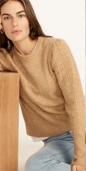 J. Crew Stretch Wool Cable Knit Crewneck Sweater Camel size M Medium BB408 thumbnail 1