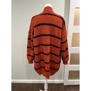 Chunky‎ cozy oversized SHEIN Orange Black Striped Knit Cardigan Sweater Women M thumbnail 3