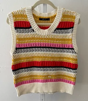 Boutique Deluc Multicolor Striped Knit Top Tank Sweater‎ White Red Medium thumbnail 1