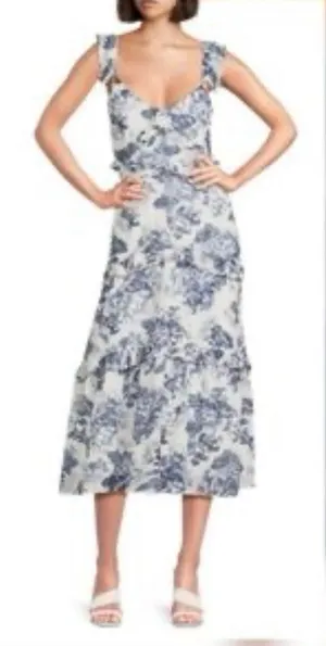 O.P.T Blue White Ingrid Floral Ruffle V-Neck Sleeveless Tiered Midi Dress Sz XS thumbnail 1