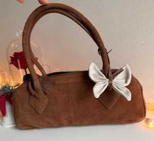 Brown genuine leather Suede Women's Bag with Bow Accent thumbnail 1