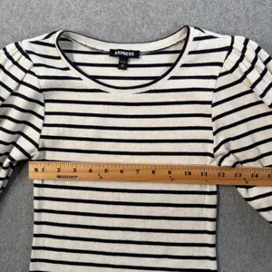EXPRESS Women's X-Small Striped Ribbed Knit Puff Sleeve Top Cream Black Blouse thumbnail 7