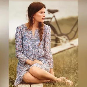 Holding Horses Anthropologie Blue Floral Babydoll‎ Mini Dress Crochet Trim - 10 thumbnail 2