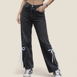 Agolde 90s dark wash jeans w/ custom ribbon split hem | size 28 coquette thumbnail 2