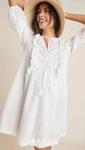 Anthropologie Thames White Eyelet Boho Romantic Mini Dress thumbnail 1