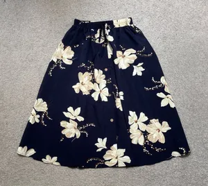 SHEIN Navy and Cream Floral Midi Skirt with Button Accents thumbnail 1