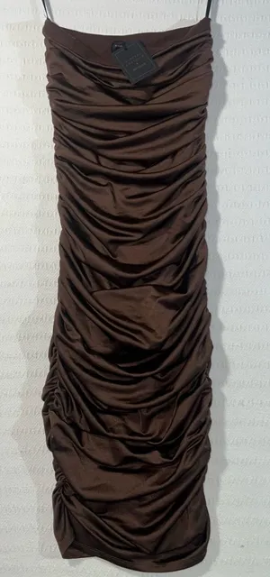 Revolve x Michael Costello Strapless Bodycon Midi Dress XS Satin Brown Party NWT thumbnail 1