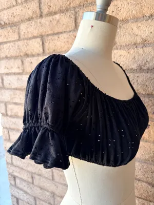 Urban Outfitters | Black Eyelet Off-Shoulder Puff Sleeve Crop Top | L thumbnail 2