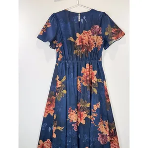 NWT Baltic Born Maxi Dress Blue Colina Satin Floral Flutter Side Slit Medium thumbnail 8