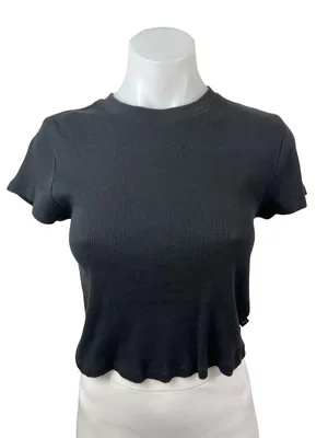 Aritzia TNA Women's Black Ribbed Knit Short Sleeve Crop T Shirt Tee Top Size L thumbnail 1