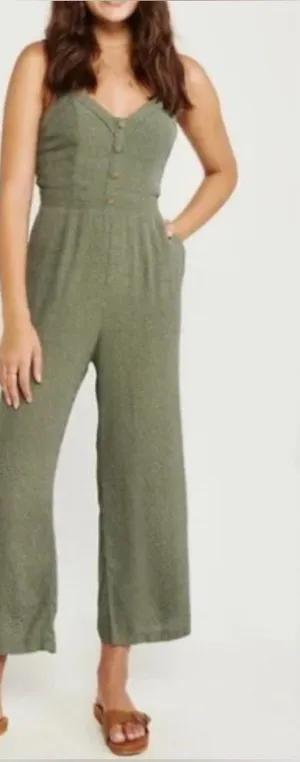 Abercrombie & Fitch Earthy Boho Button Front Tie Back Jumpsuit Green White Dot thumbnail 1