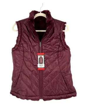 Nicole Miller Reversible Quilted Faux Fur Puffer Vest Wine Burgundy Medium NWT thumbnail 1