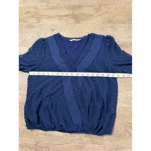 Mi Ami Navy Blue Swiss‎ Dot Lace Trim Faux Wrap Long Sleeve Blouse Medium thumbnail 8