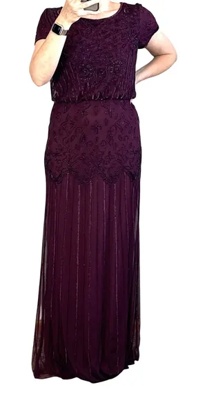 Adrianna‎ Papell Cassis Sequin Beaded Maxi Gown Dress Size 10 Plum Purple Gatsby thumbnail 1