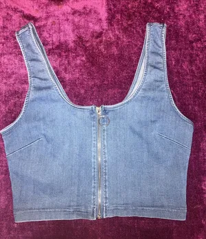 IRIS Chambray Stretch Denim Zipper Crop Top Size Medium M Juniors thumbnail 1